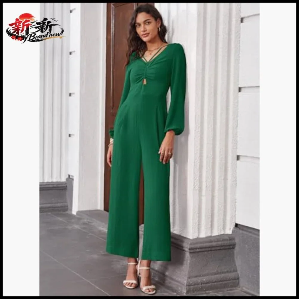 Long Sleeve V Neck Wide Leg Jumpsuit Formal Polyester